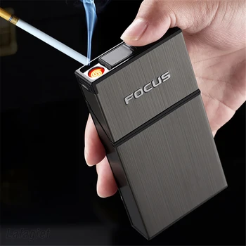 100mm Multa de Fumaça de Cigarros Caso 20Pcs Capacidade Slim Titular do Cigarro Com Recarregável USB de Isqueiro de Metal Cigarro Caixa de Homens de Presente