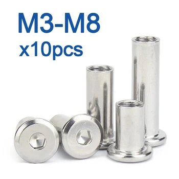 10pcs/lot M3 M4 M5 M6 M8 lisa de Aço Inoxidável Hex Sextavado interno Cabeça Mobiliário Rebite Conector de Inserção Conjunta de Manga com Porca de capa