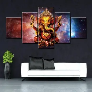 5 Peças Resumo Hindu Ganesha Modular Arte de Parede de Lona da Pintura Cartaz de Arte para Decoração Sala de estar Foto da Parede Sem Moldura