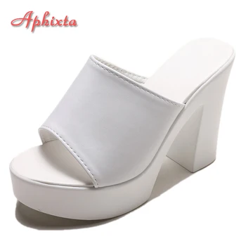 Aphixta 2022 Verão 7cm Chunky Salto Slides Mulheres Mulas Brancas Plataforma de Projeto Chinelos de quarto Sandália Legal Sapatos Peep Toe Feminino