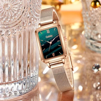 As Mulheres de luxo Praça Verde Dial Pulseira Relógios para Mulheres Moda Rose de Aço Inoxidável do Relógio de Quartzo de Senhoras Relógio de Pulso Presente