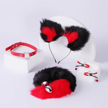 BLACKWOLF Bonito Fox Cauda Plug Anal Orelhas de Gato Tiaras Conjunto Mamilo Clipe Gola Erótico Cosplay de Brinquedos Sexuais Para as Mulheres, Jogos para Adultos