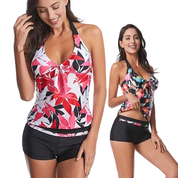 Blesskiss Nova Impressão Floral Halter Tankini Shorts Senhoras 2 Peças Maiô Retrô Plus Size Swimwear Das Mulheres Da Praia De Maiô
