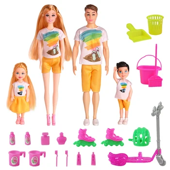 Boneca de moda de Família de Bonecos de Conjunto de 4 Pessoas, com Pai Mãe Filhos e 11 Acessórios para a Educação de Aniversário, Presente de Dia