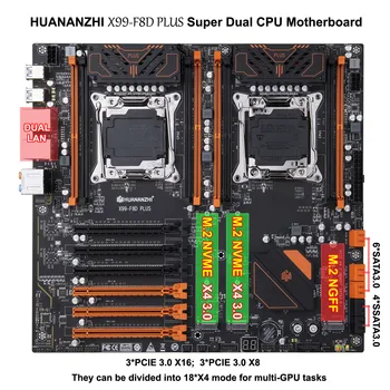 Chegada nova HUANANZHI X99-F8D ALÉM de Super CPU Dual placa-Mãe LGA2011-3 3*M. 2 SSD de Fendas 6*SATA3.0 3*PCIE3.0 X16 X8 Max RAM 256G