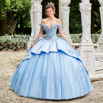 Céu Azul Vestidos De Quinceanera Bola Vestido De Mangas Compridas Tule Apliques De Pérolas Mexicano Sweet 16 Dresses 15 Anos