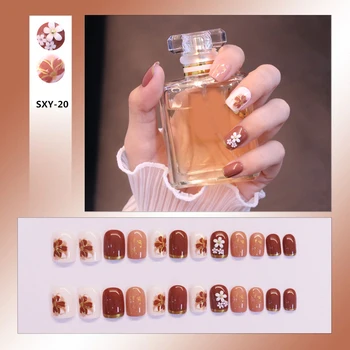 Decorados falso nailswith Cola 24pcs Adesivo Bonito Manicure Patch Estilo coreano Unhas Falsas Economizar Tempo Nail Patch TY