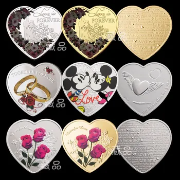Disney Mickey Mouse em forma de Coração o Amor banhado a Ouro, Moeda Comemorativa dos desenhos animados do Dia dos Namorados Flor de Rosa Anel de Ouro e prata Moedas