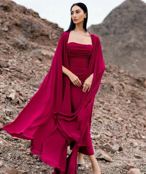 Elegante Vermelho Longo de Chiffon Vestidos de Noite Oriente Médio Vestidos A Linha de Piso Comprimento Plissado árabe Vestidos de Baile para as Mulheres