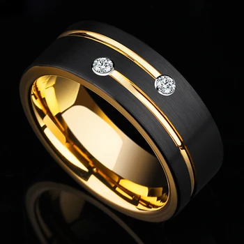 FDLK de Luxo Mens 8mm Preto de Aço Inoxidável da Cor do Ouro do Anel de Casamento de Cristal Banda para os Homens da Festa de Noivado de Jóias de Presente