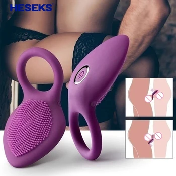 HESEKS Anel peniano Vibratório Clitóris Estimulador Ponto G Brinquedos Sexuais Para o Casal Atraso de Lamber a Vagina Orgasmo Bloqueio de Dedo de Luva Vibrador