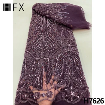 HFX Luxo de Rendas Frisado Tecido de Tule francês Rendas para Noivas Material mais Recentes feitos à mão Miçangas Africana de Renda para o casamento H7626