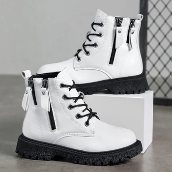 Inverno Crianças Sapatos Botas de Meninas Branco Preto de Salto Baixo Única Camada de Revestimento Interno Crianças Sapato Ankle Boots de Moda para a Menina 2022