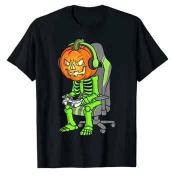 Jogos De Halloween Esqueleto Jack O'Lantern Gamer Meninos Crianças T-Shirt Dons Jogo-Amante Fofo Tee Gráfico Y2k Tops De Manga Curta, Blusas