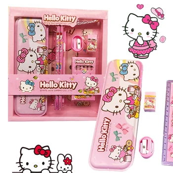 Kawaii Hello Kitty Conjunto De Artigos De Papelaria Anime Estojo De Lápis Régua Borracha Apontador De Lápis Estudante De Material As Crianças Do Jardim De Infância Prêmios De Presente