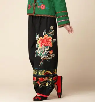 Linho Bordado Mulheres Calças De Outono Calças Soltas Chinês Idosos Bloomers Flor Étnica