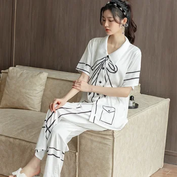 Lisacmvpnel Gelo Pijama de Seda das Mulheres Terno de Mangas Longas da Moda Cardigan Versão coreana Pode Ser Usado Fora Sleepwear