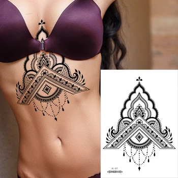 mandala esterno temporária tatuagem sexy mulheres com peito tatuagem de laço preto flor de lótus impermeável tatoo falso mehndi henna decalque