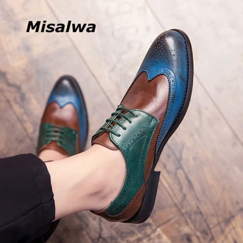 Misalwa Completo Brogue Homens Casuais Sapatos de Vestido Azul de Retalhos de CONTRASTE de Cor Oxford de Couro PU Formal Sapatos de Festa Cavalheiro Britânico