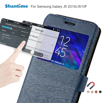 Pu capa de Couro Para Samsung Galaxy J5 2016 Flip Case Para Samsung Galaxy J510F Janela de modo de Exibição de Catálogo de Caso Tpu Macio de Silicone Tampa Traseira