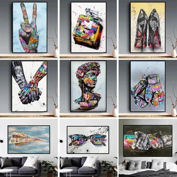 Resumo a arte de rua cartaz casal de mãos dadas graffiti arte da lona da pintura a impressão sala de estar, casa de parede de imagem