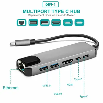 USB 3.1 Tipo de HUB C ao compatíveis com HDMI, RJ45 PD USB 3.0 Multi Adaptador de Dock Acessórios Tipo C Divisor de 6 a Porta de HUB para MacBook Pro