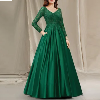 Verde Escuro Mãe Da Noiva Vestidos De Uma Linha-V-Neck Cetim Laço Appliqued Frisado De Tamanho Mais Longo Mãe Do Noivo Vestido De 2022