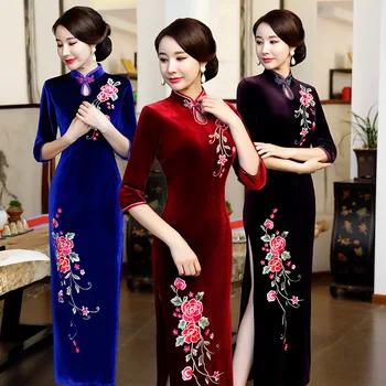 Bordado Floral Senhoras muito Qipao Plus Tamanho 3XL 4XL Outono de Veludo Fino Cheongsam Elegante de Estilo Chinês, Vestido de Noite Vestido