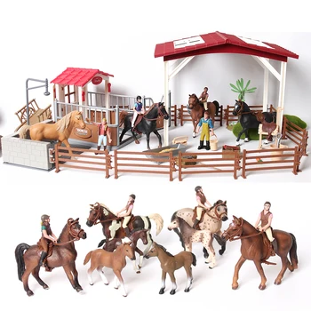 Fazenda Estável Escola de Equitação com Cavaleiros e Cavalos,Cavaleiro com Potros Playset Modelo Animal Estatueta de Natal, Presente de Aniversário